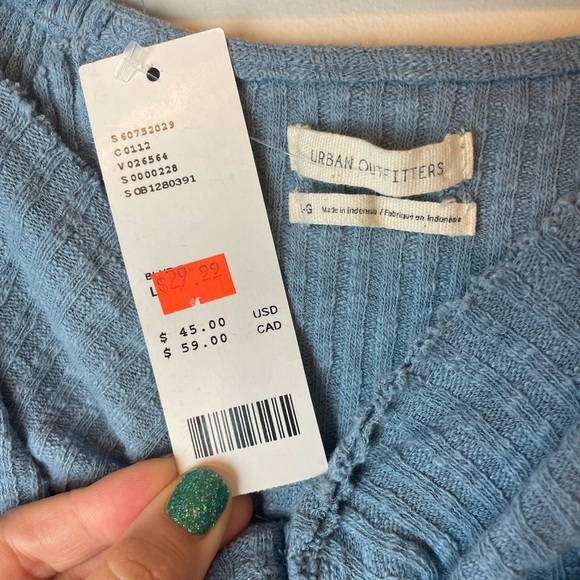 Urban Outfitters Womens Top Size L Blue Stretch Knit Deep V Neck Lena Twist Crop - Picture 2 of 9